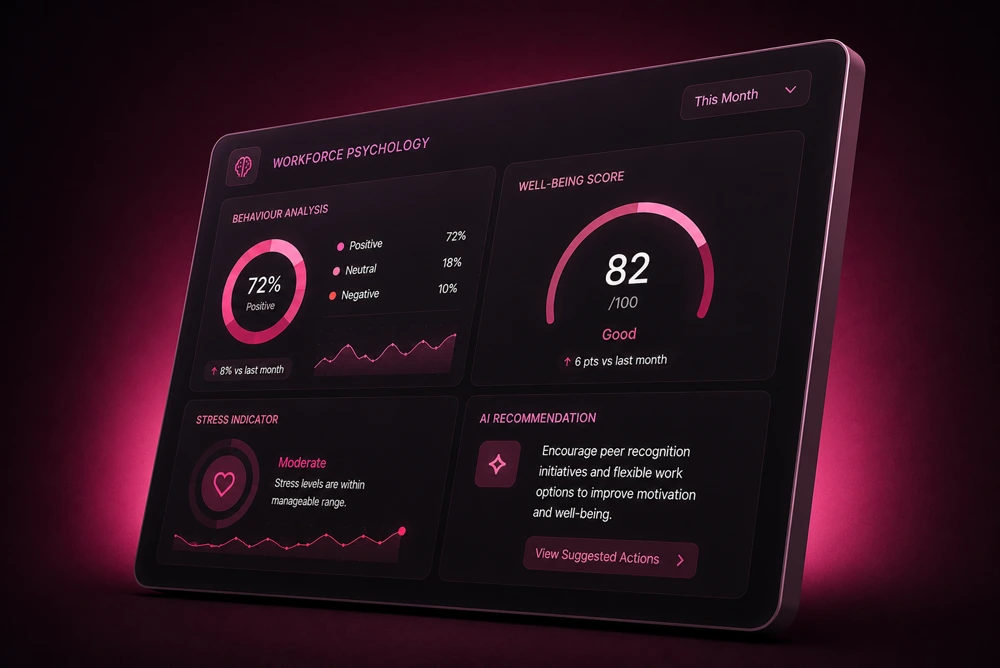 Workforce Psychology dashboard showing behaviour analysis, well-being score, stress indicator, and AI recommendations