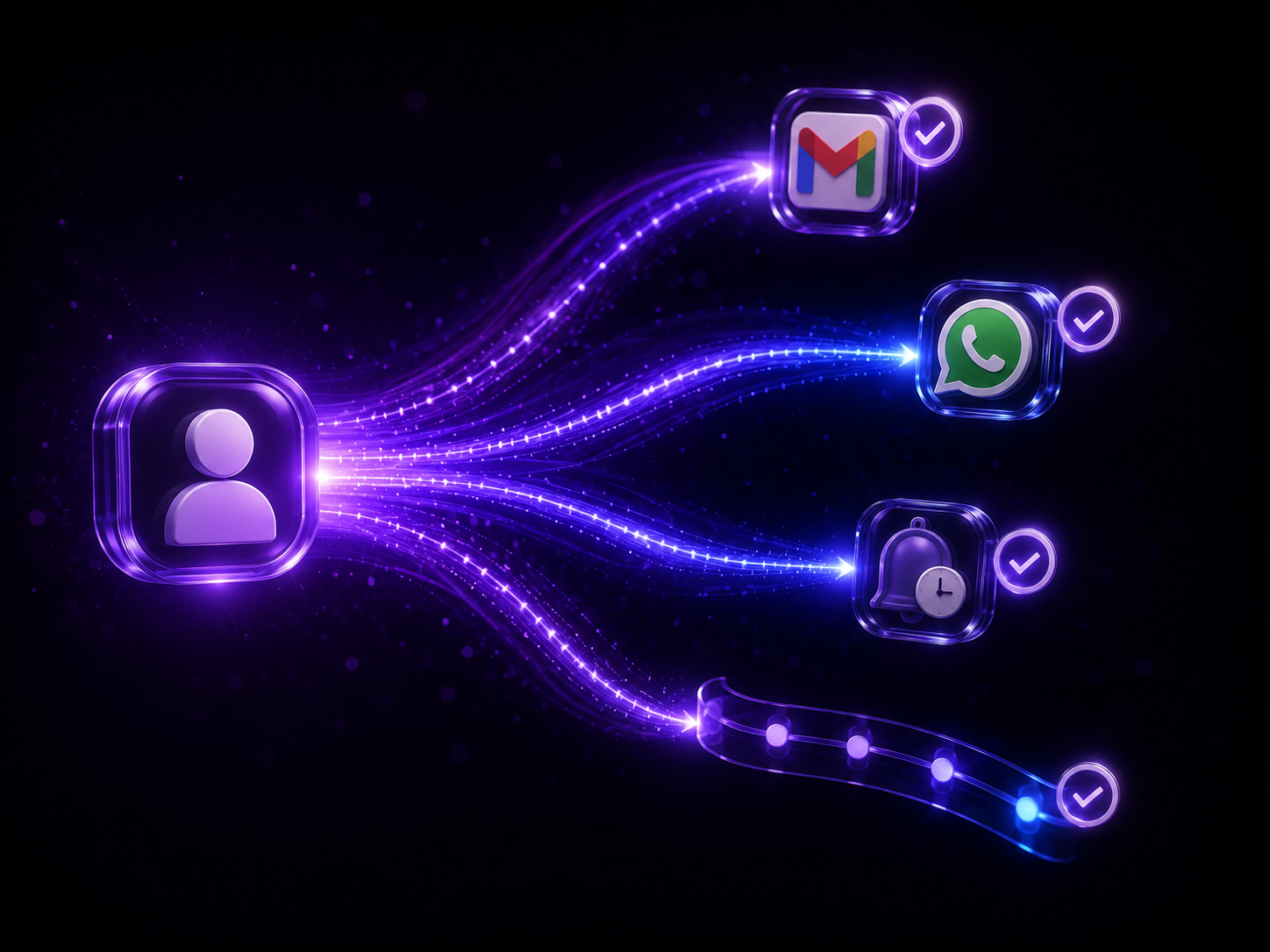 Abstract visualization of Smart Follow-ups connecting an employee profile to Gmail, WhatsApp, and reminder notifications